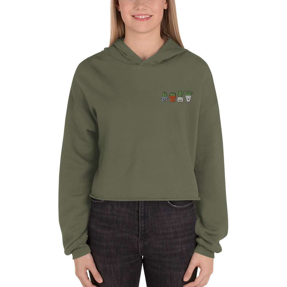 Cactus Crop Hoodie | Green Embroidered Cactus Pullover Cropped Top